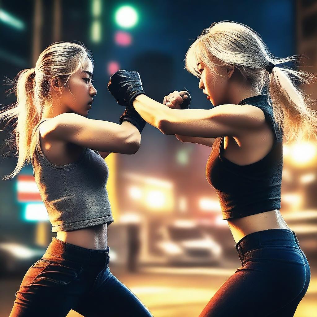 A blonde Chinese girl fighting in the street with a brunette Spanish girl at night