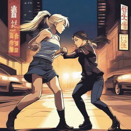 A blonde Chinese girl fighting in the street with a brunette Spanish girl at night