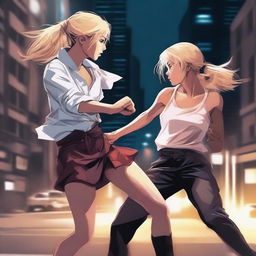 A blonde Chinese girl fighting in the street with a brunette Spanish girl at night