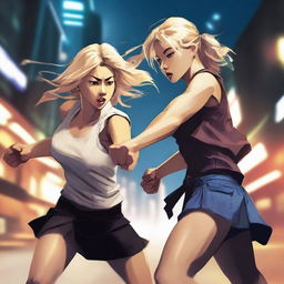 A blonde Chinese girl fighting in the street with a brunette Spanish girl at night