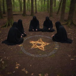 Four shadowy figures gathered around an enflamed pentagram inscribed on the forest floor, casting an air of enchantment and intrigue within the night woodland setting.