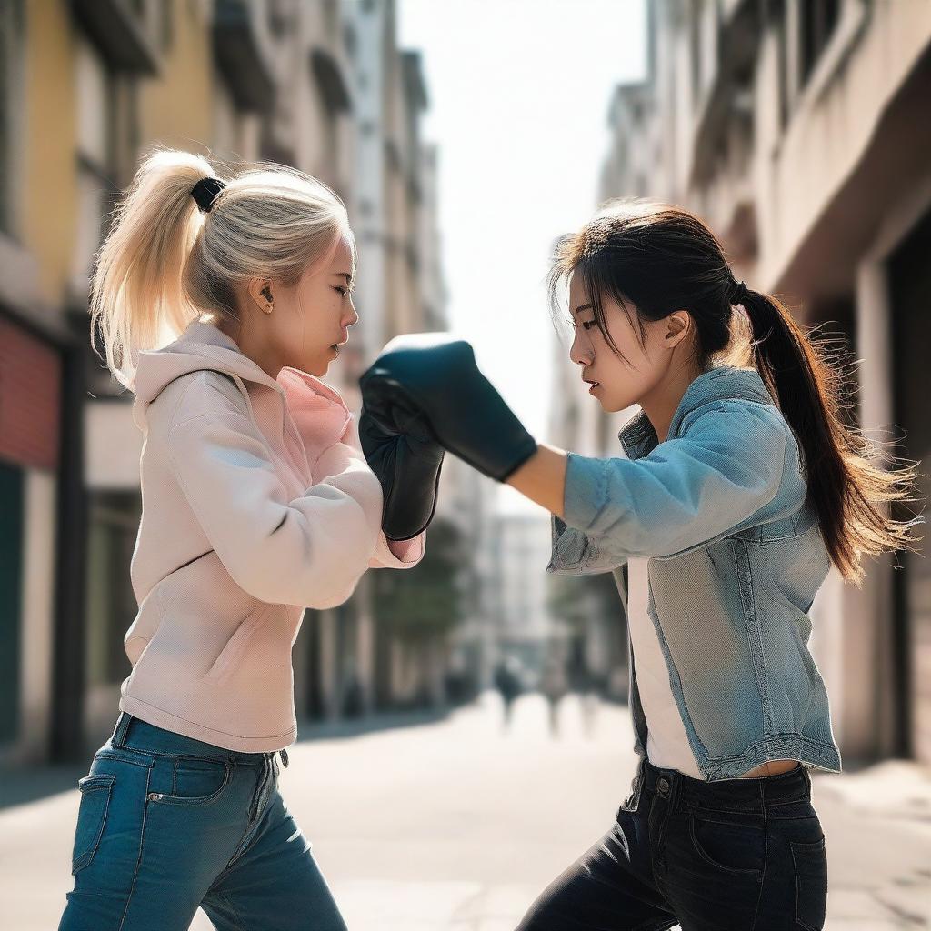 A blonde Chinese girl fighting in the street with a brunette Spanish girl