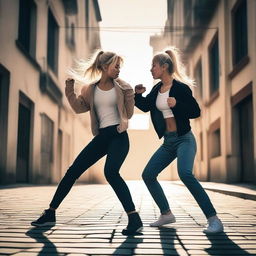 A blonde Chinese girl fighting in the street with a brunette Spanish girl