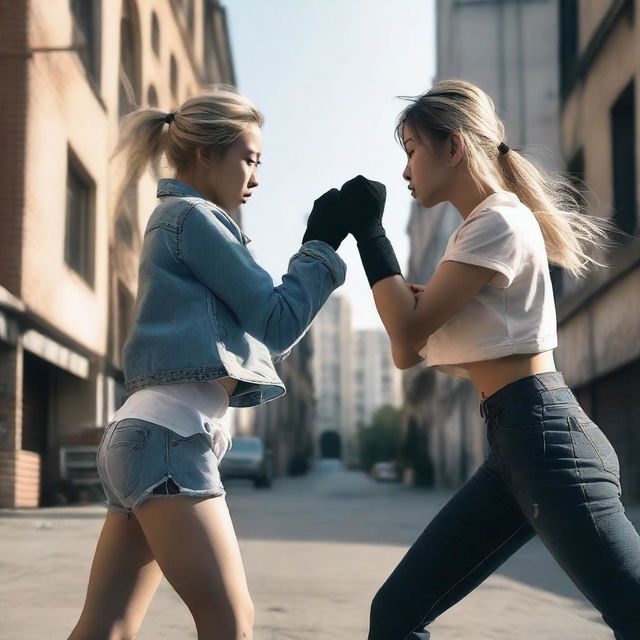 A blonde Chinese girl fighting in the street with a brunette Spanish girl