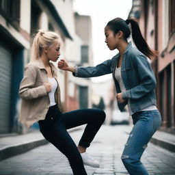 A blonde Chinese girl fighting in the street with a brunette Spanish girl