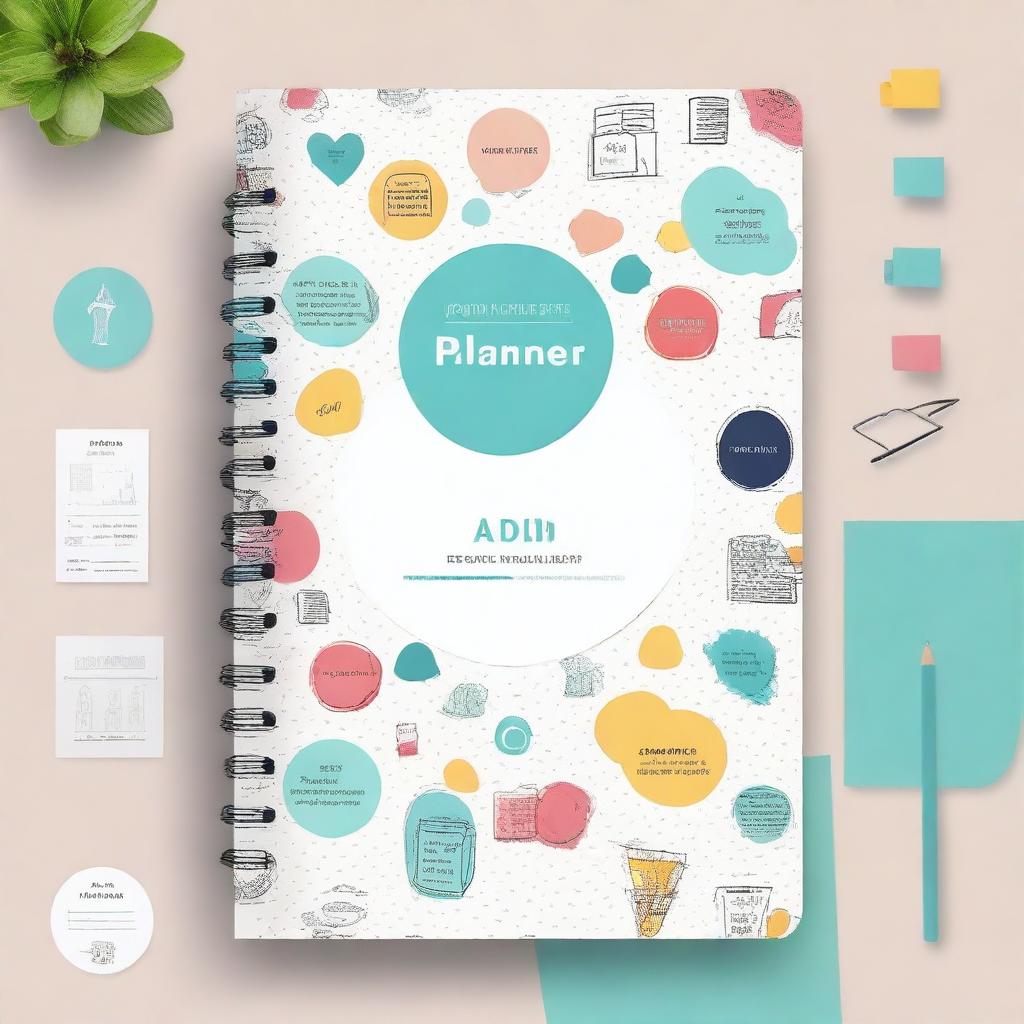 Create a visually appealing cover for a PDF planner titled 'ADHD Planner Hyperlinked'