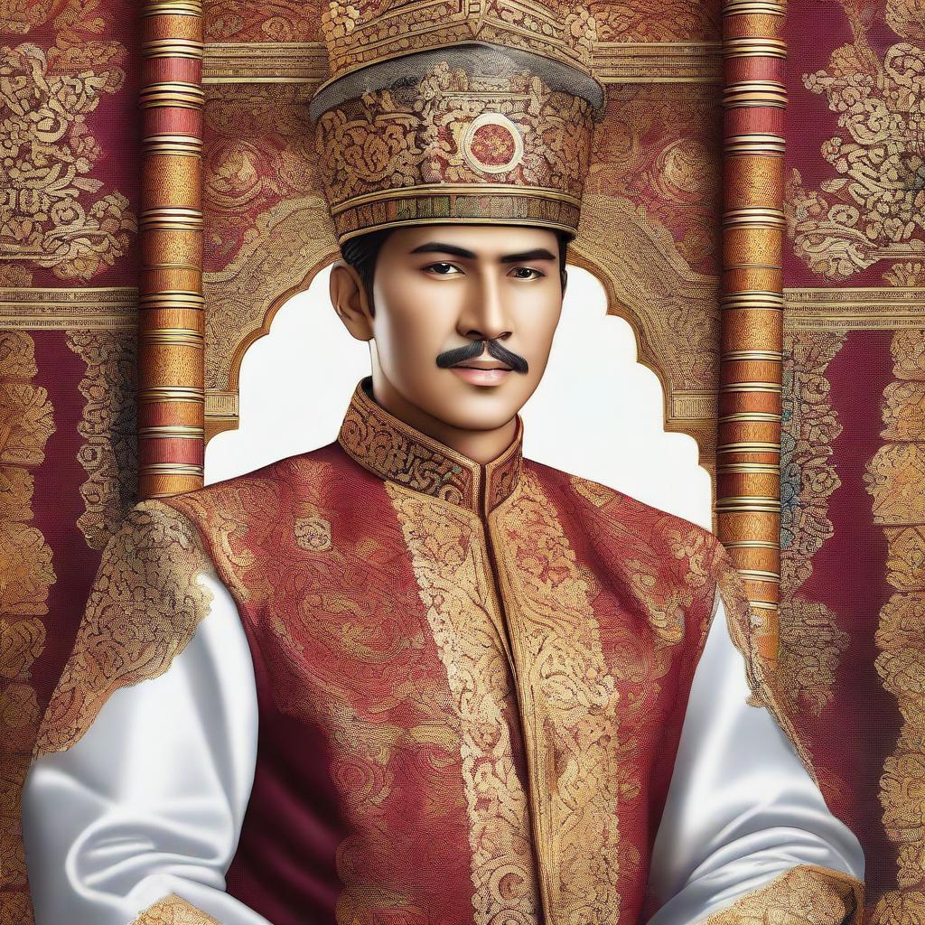 A detailed and majestic portrait of Raja Aceh, showcasing traditional Acehnese royal attire with intricate patterns and vibrant colors