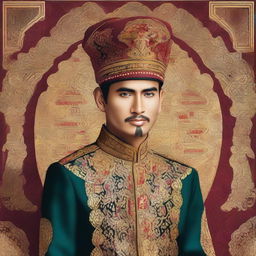 A detailed and majestic portrait of Raja Aceh, showcasing traditional Acehnese royal attire with intricate patterns and vibrant colors