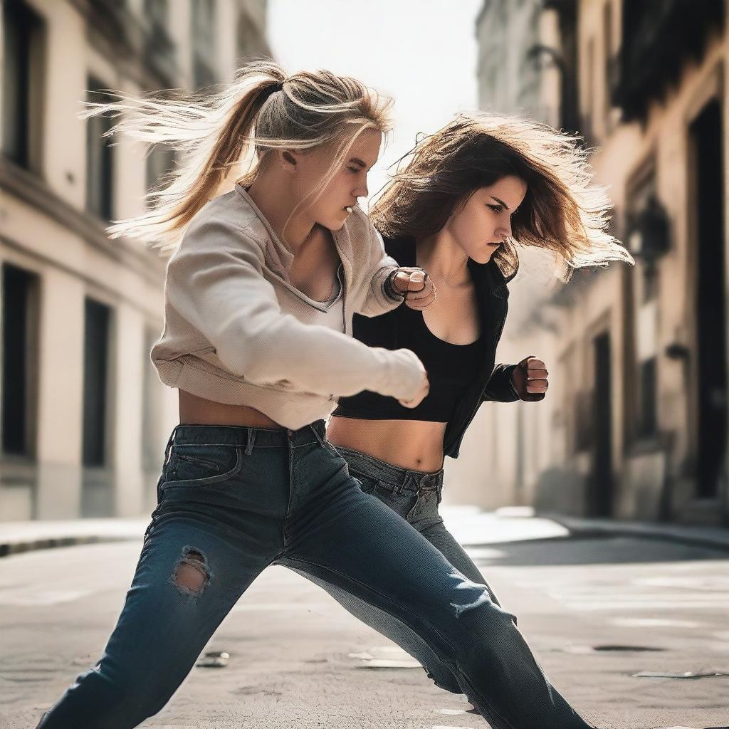 A blonde girl fighting in the street with a brunette Spanish girl