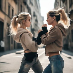 A blonde girl fighting in the street with a brunette Spanish girl