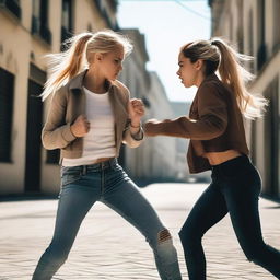 A blonde girl fighting in the street with a brunette Spanish girl