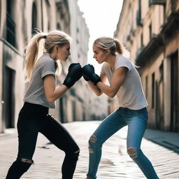 A blonde girl fighting in the street with a brunette Spanish girl