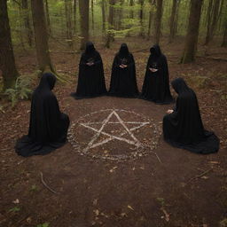 Four shadowy figures gathered around an enflamed pentagram inscribed on the forest floor, casting an air of enchantment and intrigue within the night woodland setting.