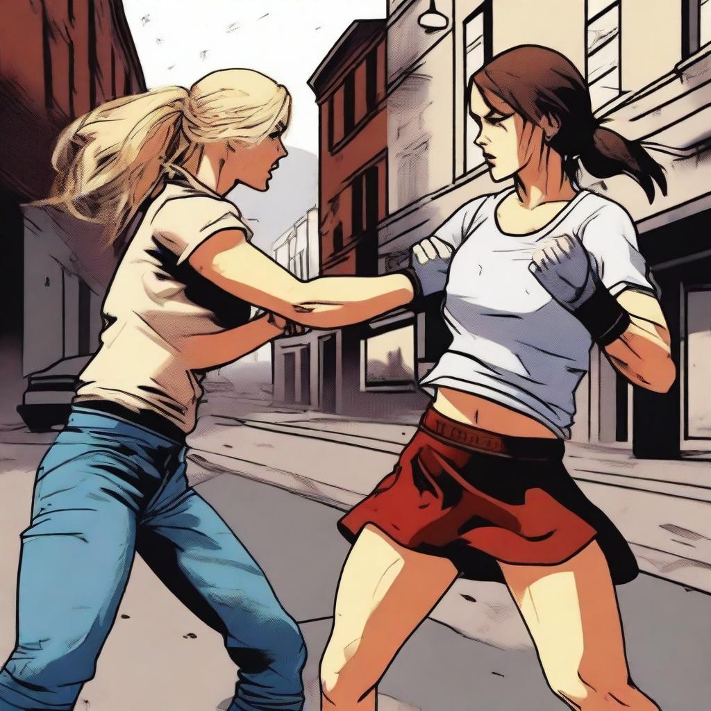 A blonde girl fighting in the street with a brunette Spanish girl, both throwing punches with visible blood