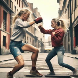 A blonde girl fighting in the street with a brunette Spanish girl, both throwing punches with visible blood