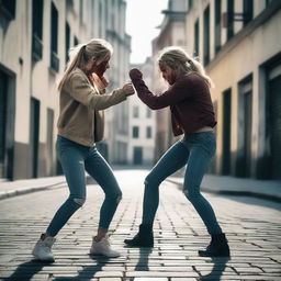 A blonde girl fighting in the street with a brunette Spanish girl, both throwing punches with visible blood