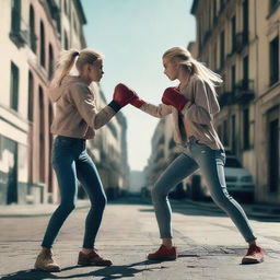 A blonde girl fighting in the street with a brunette Spanish girl, both throwing punches with visible blood