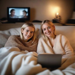 An 18-year-old blonde girl and her 43-year-old mother lying in bed together watching a TV series