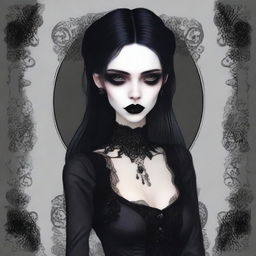 A gothic woman with black hair and black lips