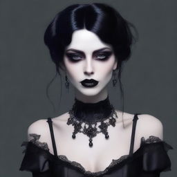 A gothic woman with black hair and black lips