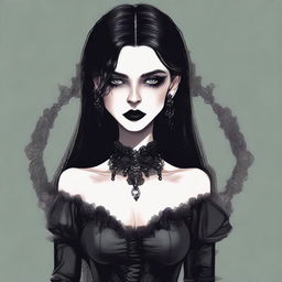 A gothic woman with black hair and black lips