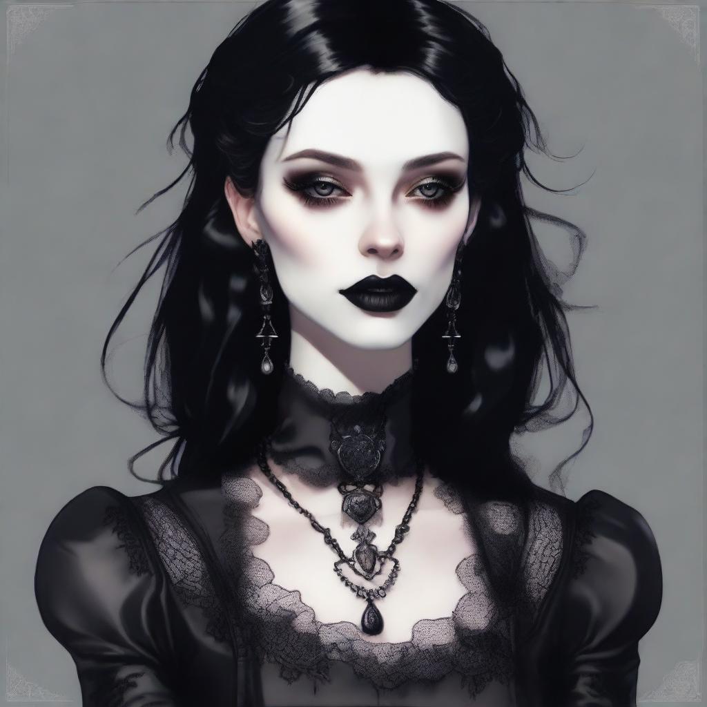 A gothic woman with black hair and black lips