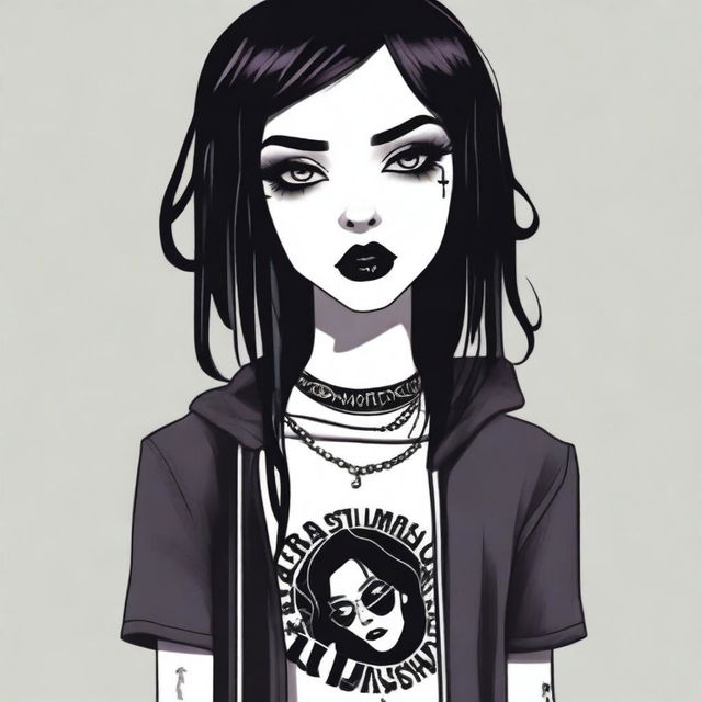 A tall and skinny emo girl with black hair and black lips