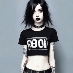 A tall and skinny emo girl with black hair and black lips