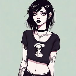 A tall and skinny emo girl with black hair and black lips