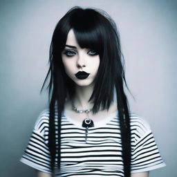 A tall and skinny emo girl with black hair and black lips