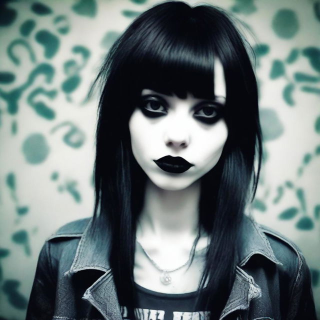 A tall and skinny emo girl with black hair and black lips