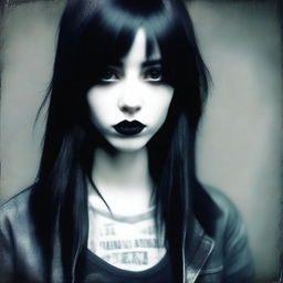 A tall and skinny emo girl with black hair and black lips