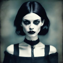 A tall and skinny gothic woman with black hair and black lips