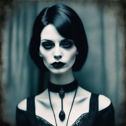 A tall and skinny gothic woman with black hair and black lips