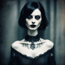 A tall and skinny gothic woman with black hair and black lips