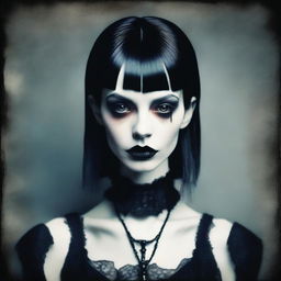 A tall and skinny gothic woman with black hair and black lips