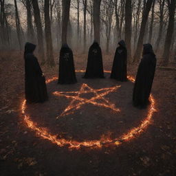 A nocturnal woodland scene featuring four silhouetted figures surrounding a mesmerizing, fiery pentagram etched on the ground, creating an atmosphere of witchy mystique.