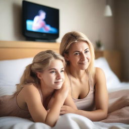 A beautiful blonde girl of 18 years old with her 43-year-old mother lying in bed watching a boxing match