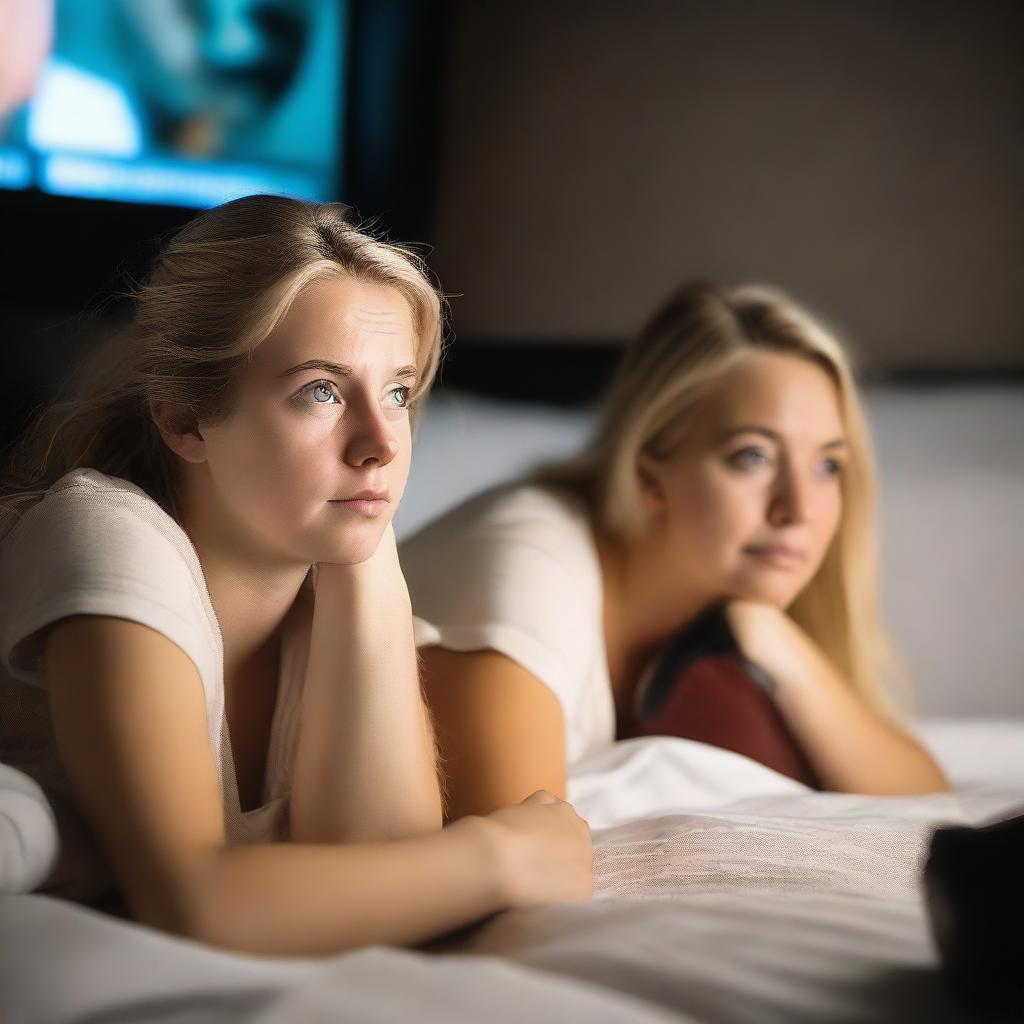 A beautiful 18-year-old blonde girl with her 43-year-old mother lying in bed at night watching a boxing match on TV