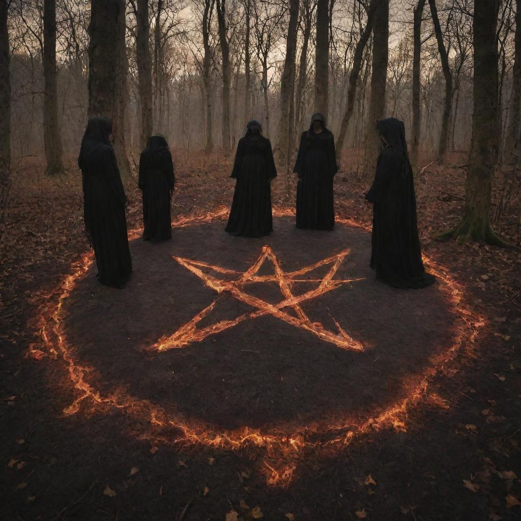 A nocturnal woodland scene featuring four silhouetted figures surrounding a mesmerizing, fiery pentagram etched on the ground, creating an atmosphere of witchy mystique.