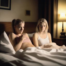 A beautiful 18-year-old blonde girl with her 43-year-old mother lying in bed at night watching a boxing match on TV