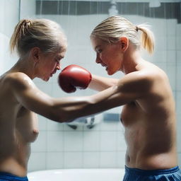 An 18-year-old beautiful blonde girl and her 43-year-old mother boxing in the shower