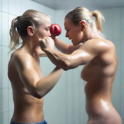 An 18-year-old beautiful blonde girl and her 43-year-old mother boxing in the shower