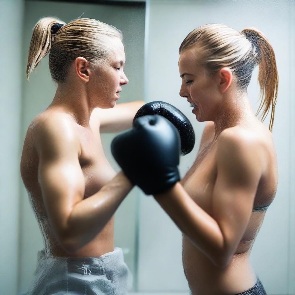 An 18-year-old beautiful blonde girl and her 43-year-old mother boxing in the shower