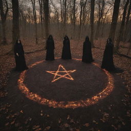 A nocturnal woodland scene featuring four silhouetted figures surrounding a mesmerizing, fiery pentagram etched on the ground, creating an atmosphere of witchy mystique.