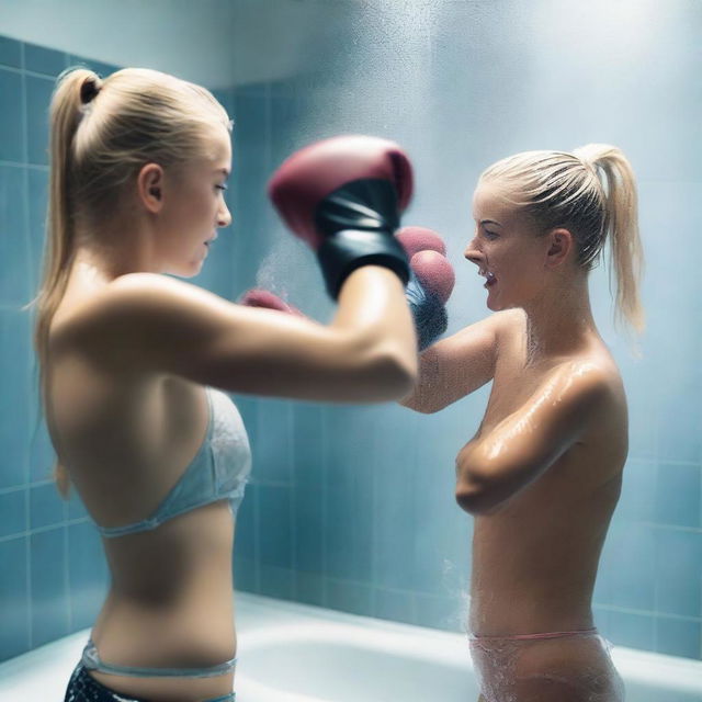 An 18-year-old beautiful blonde girl and her 19-year-old sister boxing in the shower