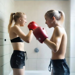 An 18-year-old beautiful blonde girl and her 19-year-old sister boxing in the shower