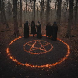 A nocturnal woodland scene featuring four silhouetted figures surrounding a mesmerizing, fiery pentagram etched on the ground, creating an atmosphere of witchy mystique.