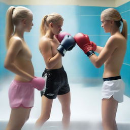 An 18-year-old beautiful blonde girl and her 19-year-old sister boxing against two other girls in a large shower area