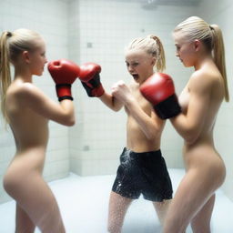 An 18-year-old beautiful blonde girl and her 19-year-old sister boxing against two other girls in a large shower area